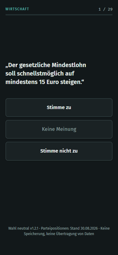 Mobile Ansicht einer politischen These mit drei Antwortmöglichkeiten